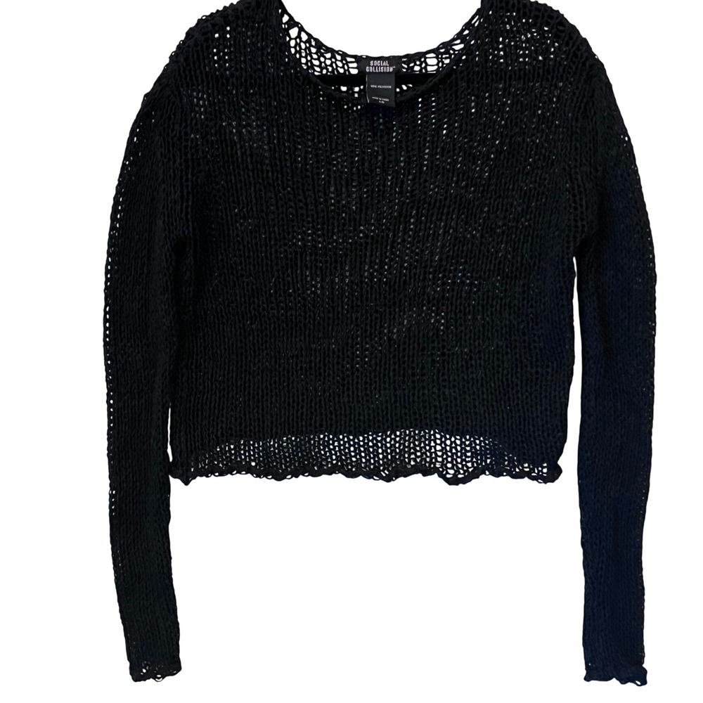 Social Collision Black Open Knit Cropped Sweater Womens‎ Large Grunge Mesh Top